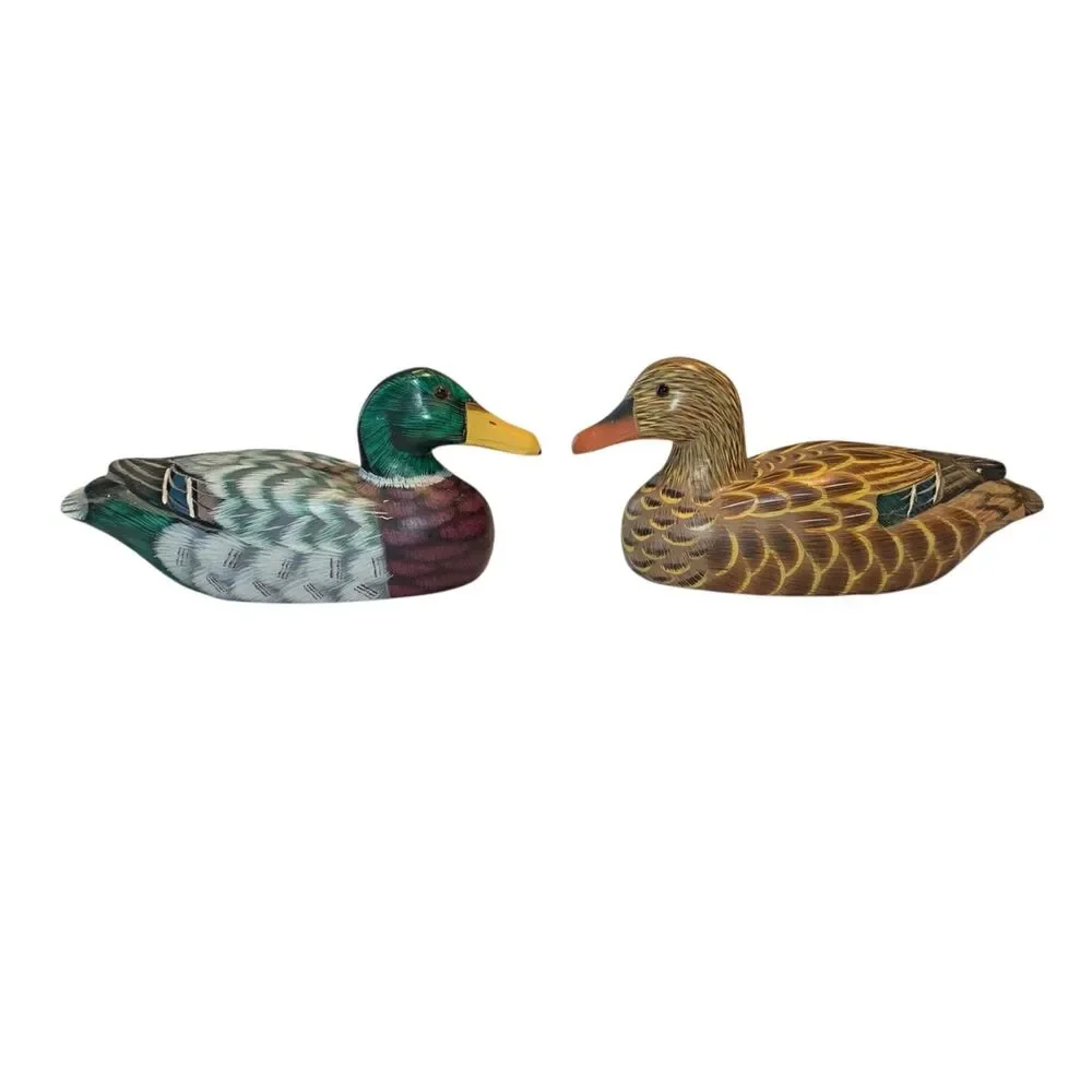 Vintage Duck Figurines Decoys Decor Set of 2 Wooden Painted Rustic Cabincore